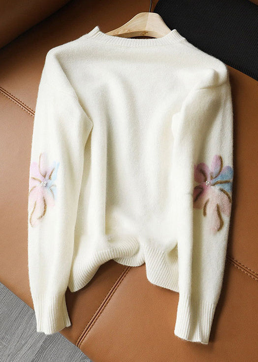 Women's Sweater White O Neck Pearl Patchwork - 2