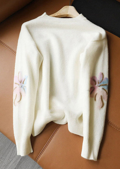 Women's Sweater White O Neck Pearl Patchwork - 2