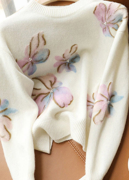 Women's Sweater White O Neck Pearl Patchwork - 3