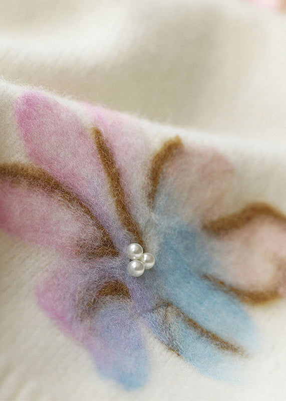 Women's Sweater White O Neck Pearl Patchwork - 4