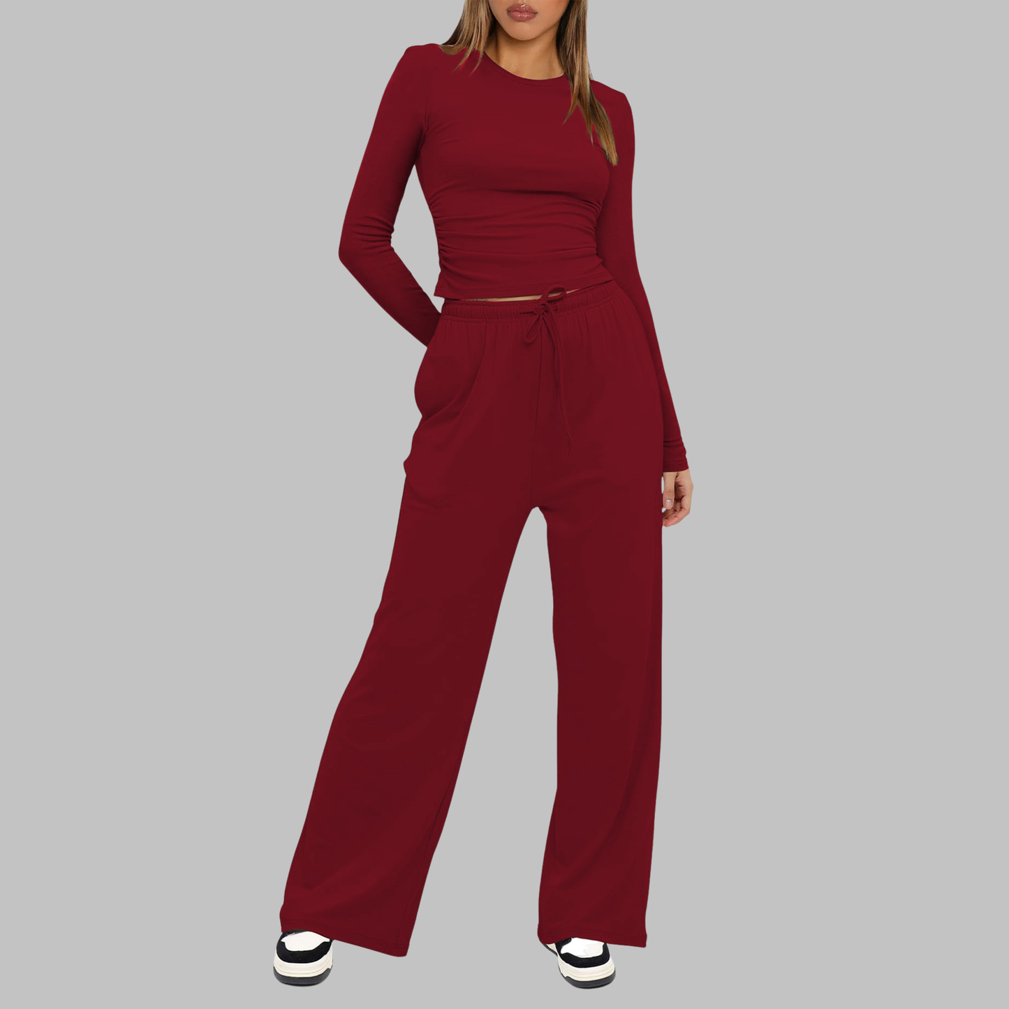 Women's Long Sleeve Top and Wide Leg Pants Set in Burgundy – front view | Hensley London