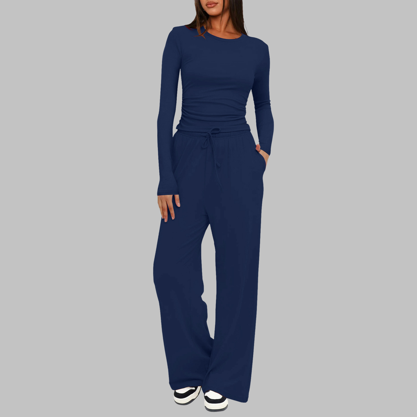 Women's Long Sleeve Top and Wide Leg Pants Set in Dark Blue – front view | Hensley London