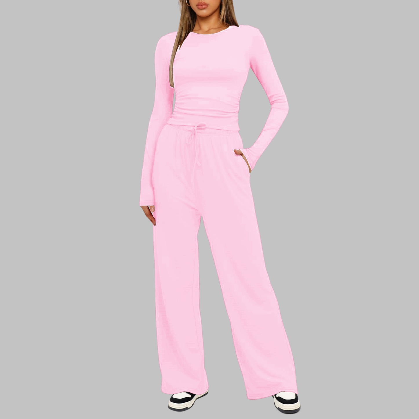 Women's Long Sleeve Top and Wide Leg Pants Set in Pink – front view | Hensley London