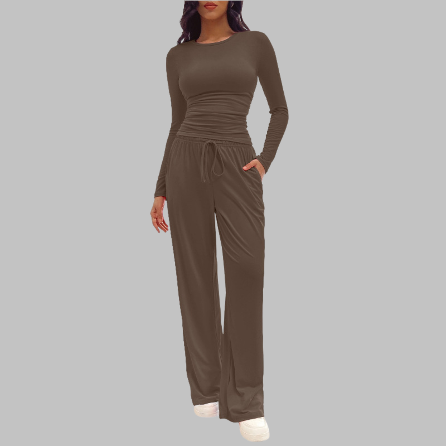 Women's Long Sleeve Top and Wide Leg Pants Set in Coffee Brown – front view | Hensley London