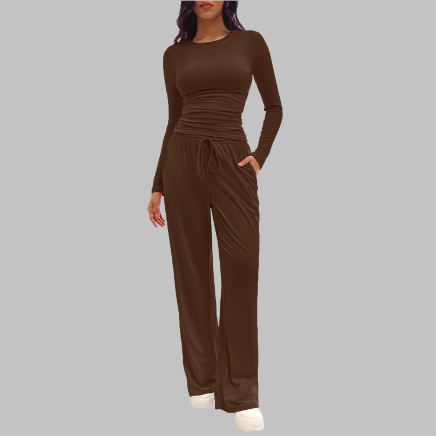 Women's Long Sleeve Top and Wide Leg Pants Set in Dark Coffee – front view | Hensley London