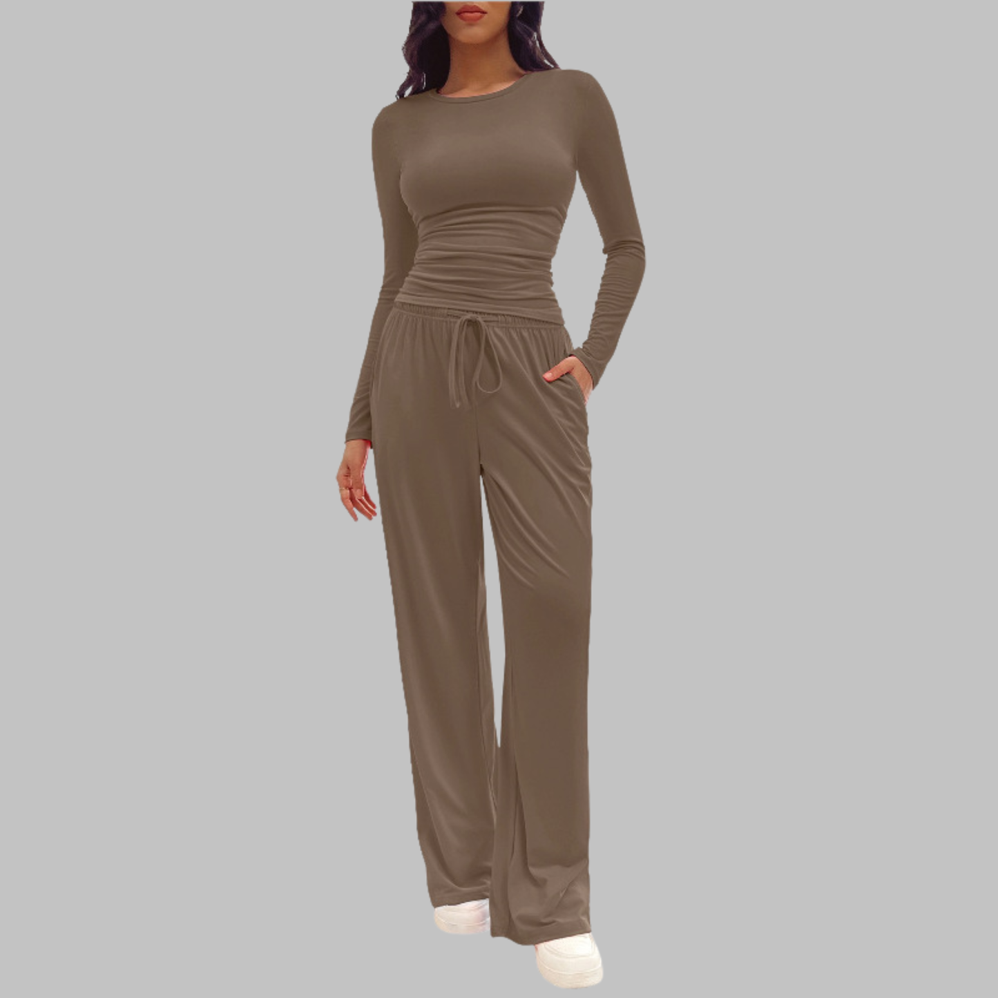 Women's Long Sleeve Top and Wide Leg Pants Set in Light Coffee – front view | Hensley London
