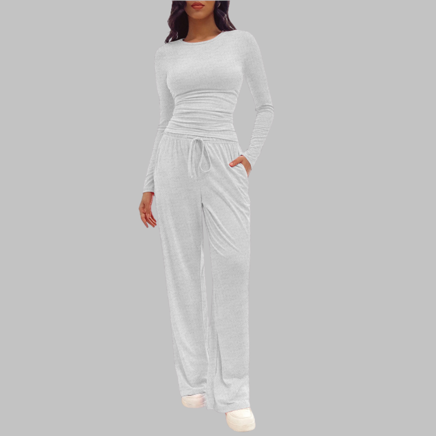 Women's Long Sleeve Top and Wide Leg Pants Set in Light Gray – front view | Hensley London