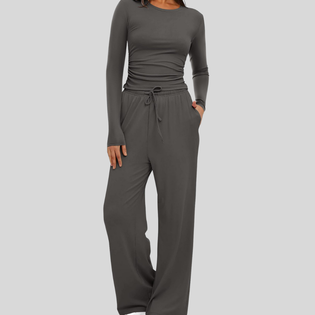 Women's Long Sleeve Top and Wide Leg Pants Set in Dark Gray – front view | Hensley London