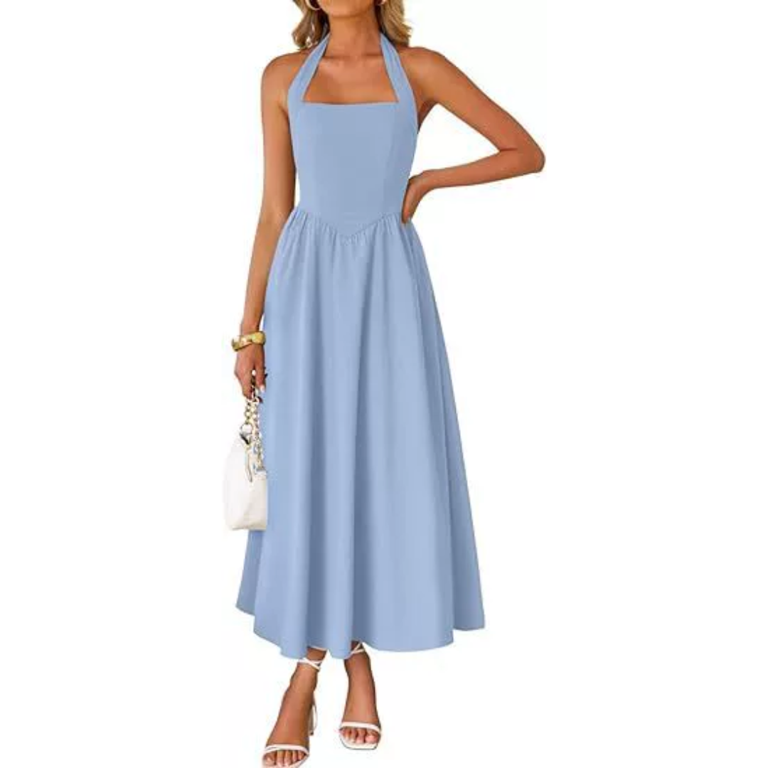 Women's Sleeveless Halter Ruched A-Line Dress in Blue – front view | Hensley London