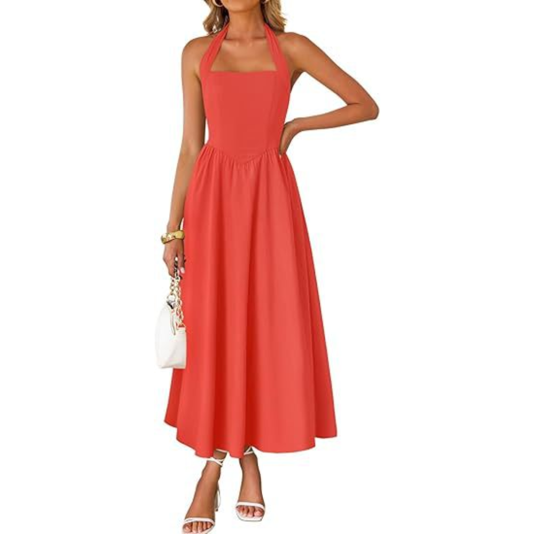 Women's Sleeveless Halter Ruched A-Line Dress in Red – front view | Hensley London