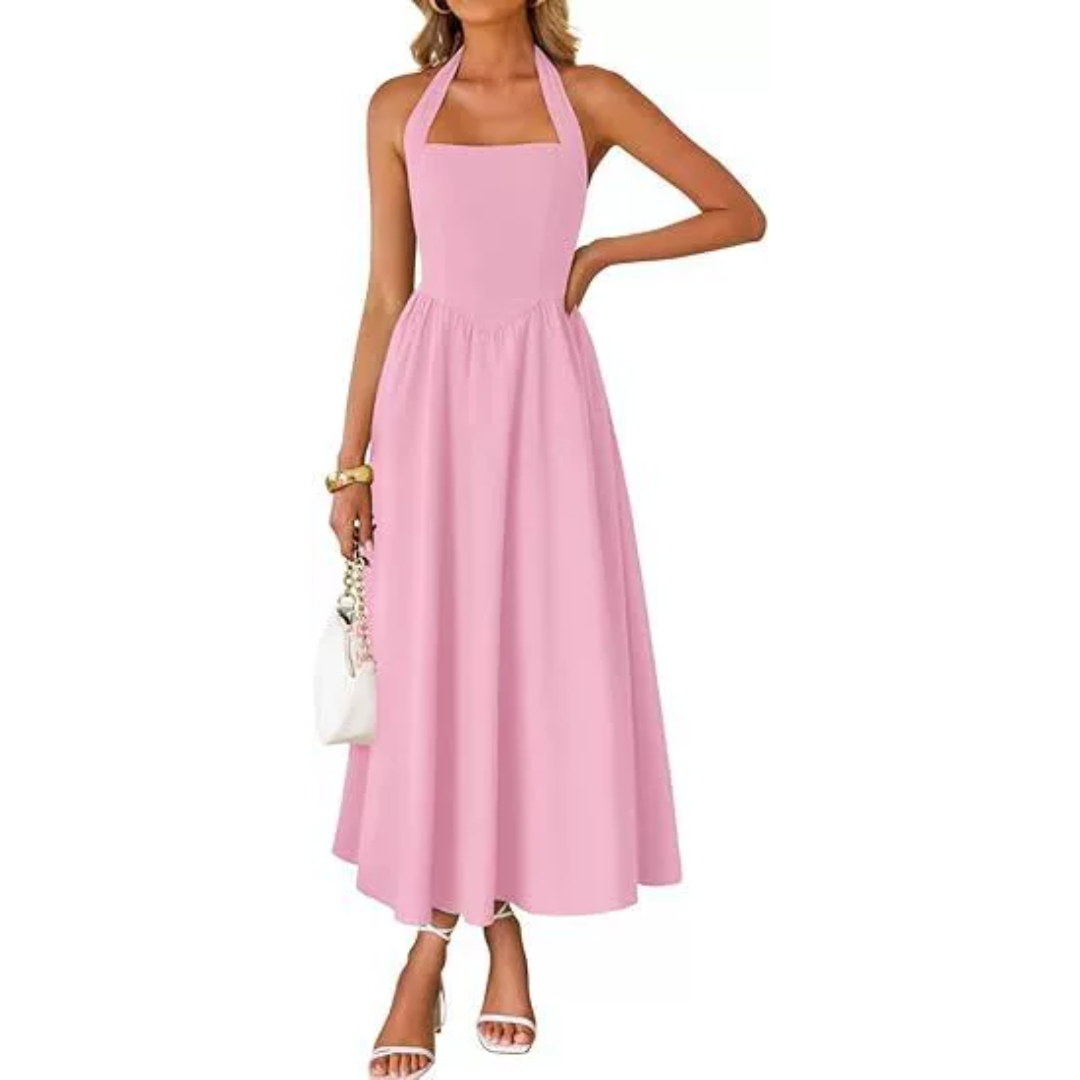 Women's Sleeveless Halter Ruched A-Line Dress in Pink – front view | Hensley London