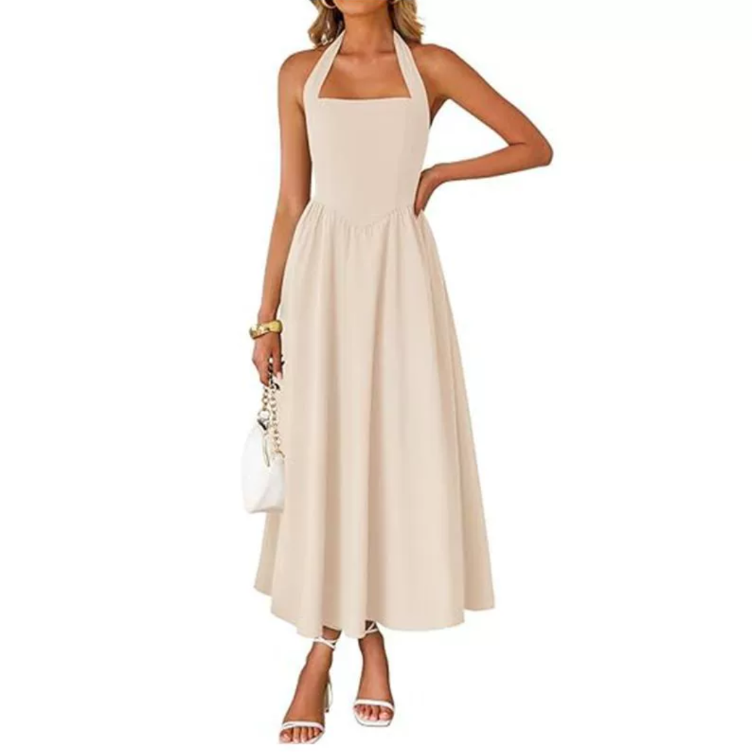Women's Sleeveless Halter Ruched A-Line Dress in Beige – front view | Hensley London