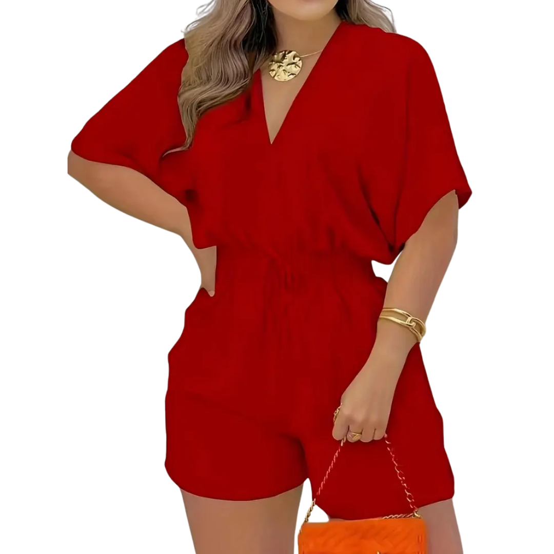 Women's V-Neck Drawstring Romper in Red – front view | Hensley London