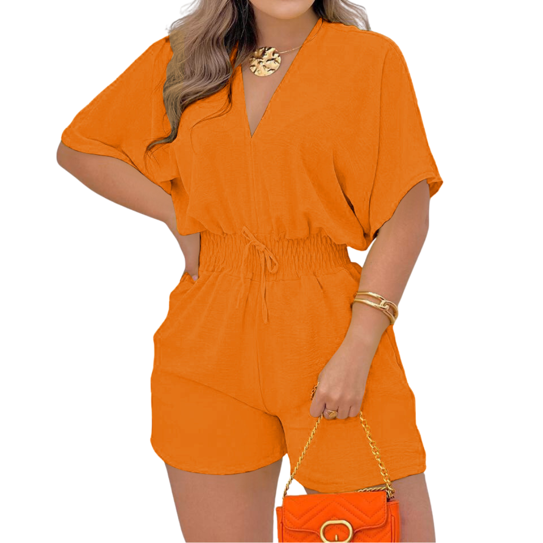 Women's V-Neck Drawstring Romper in Dark Orange – front view | Hensley London