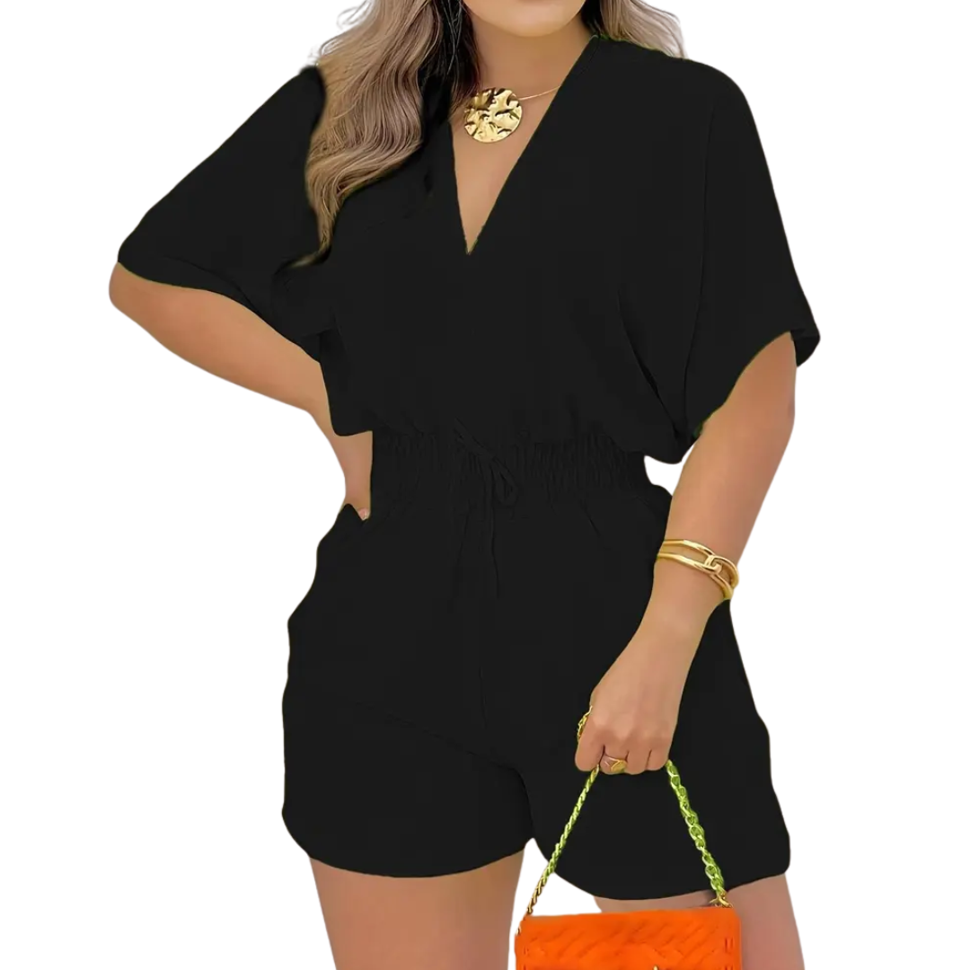 Women's V-Neck Drawstring Romper in Black – front view | Hensley London