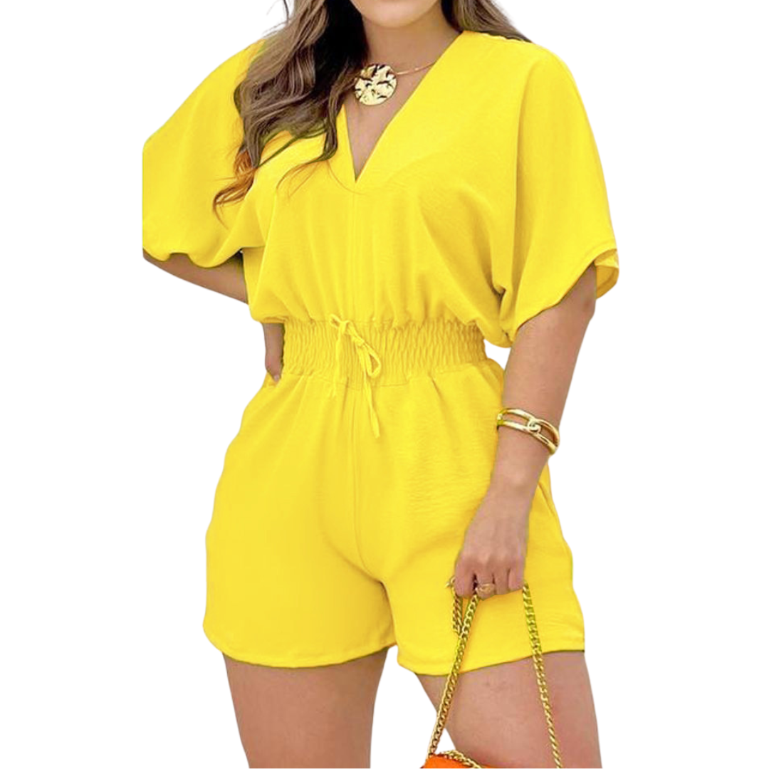 Women's V-Neck Drawstring Romper in Lime Yellow – front view | Hensley London