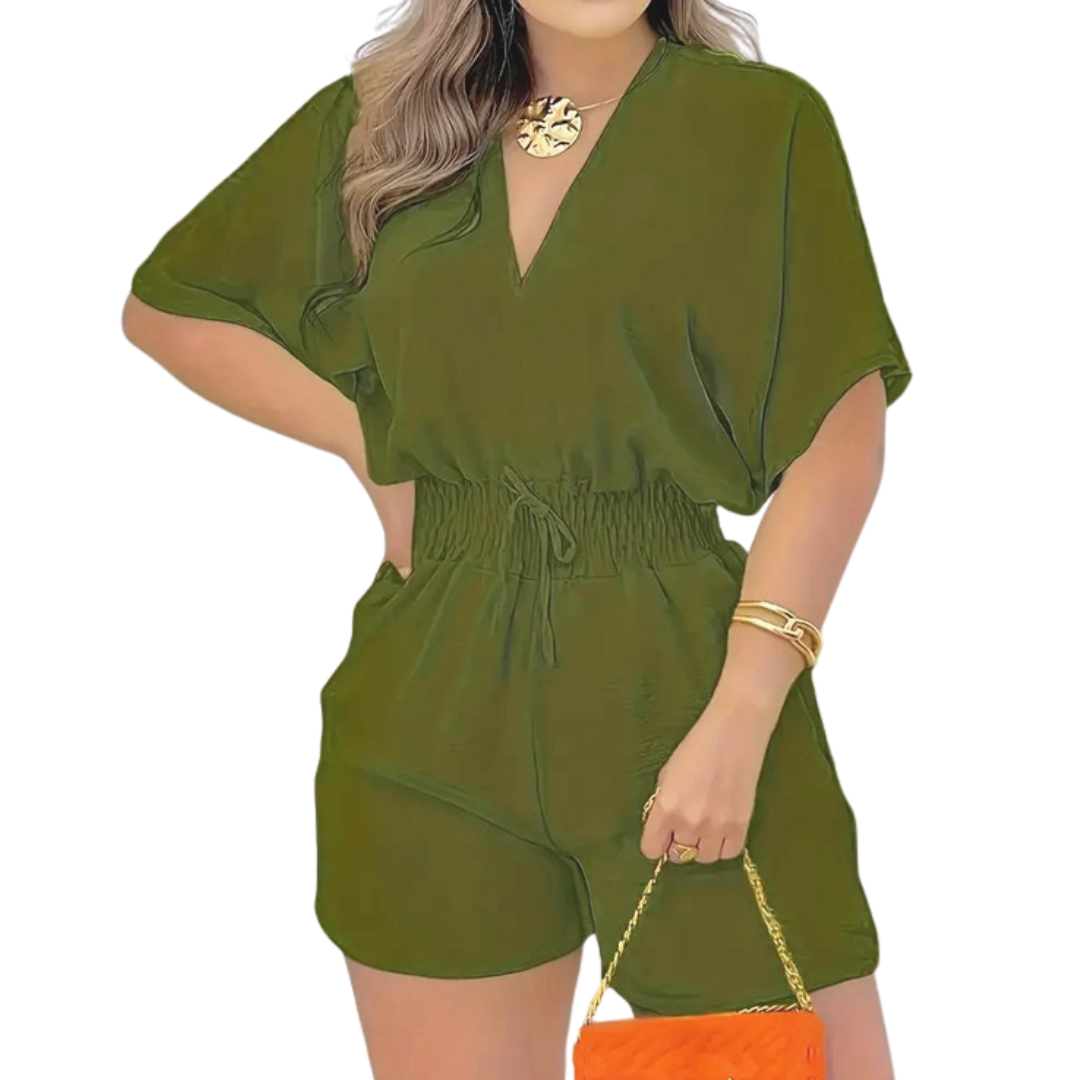 Women's V-Neck Drawstring Romper in Army Green – front view | Hensley London