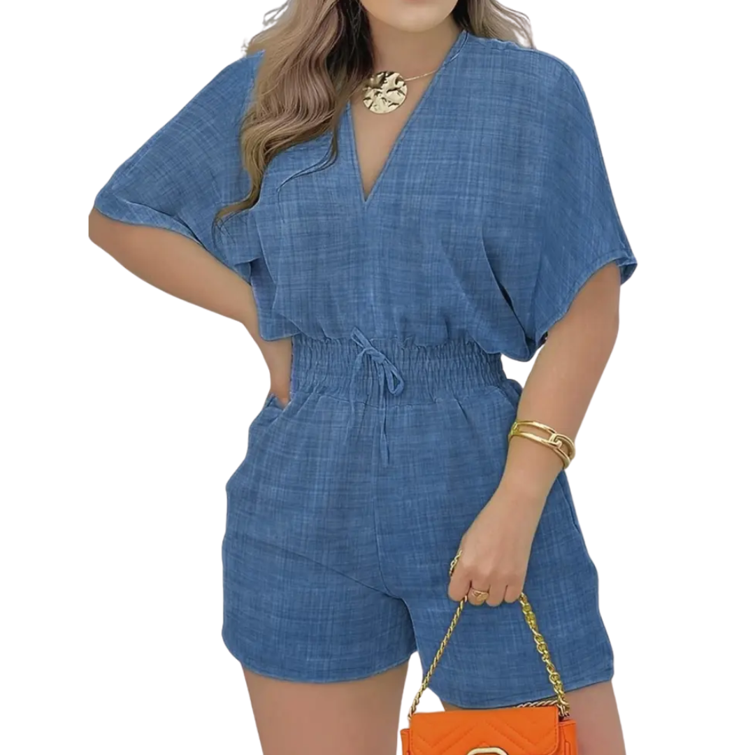 Women's V-Neck Drawstring Romper in Dark Wash – front view | Hensley London