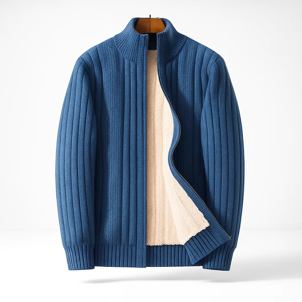 Men's Fleece-Lined Zip-Up Knit Cardigan – product view | Hensley London