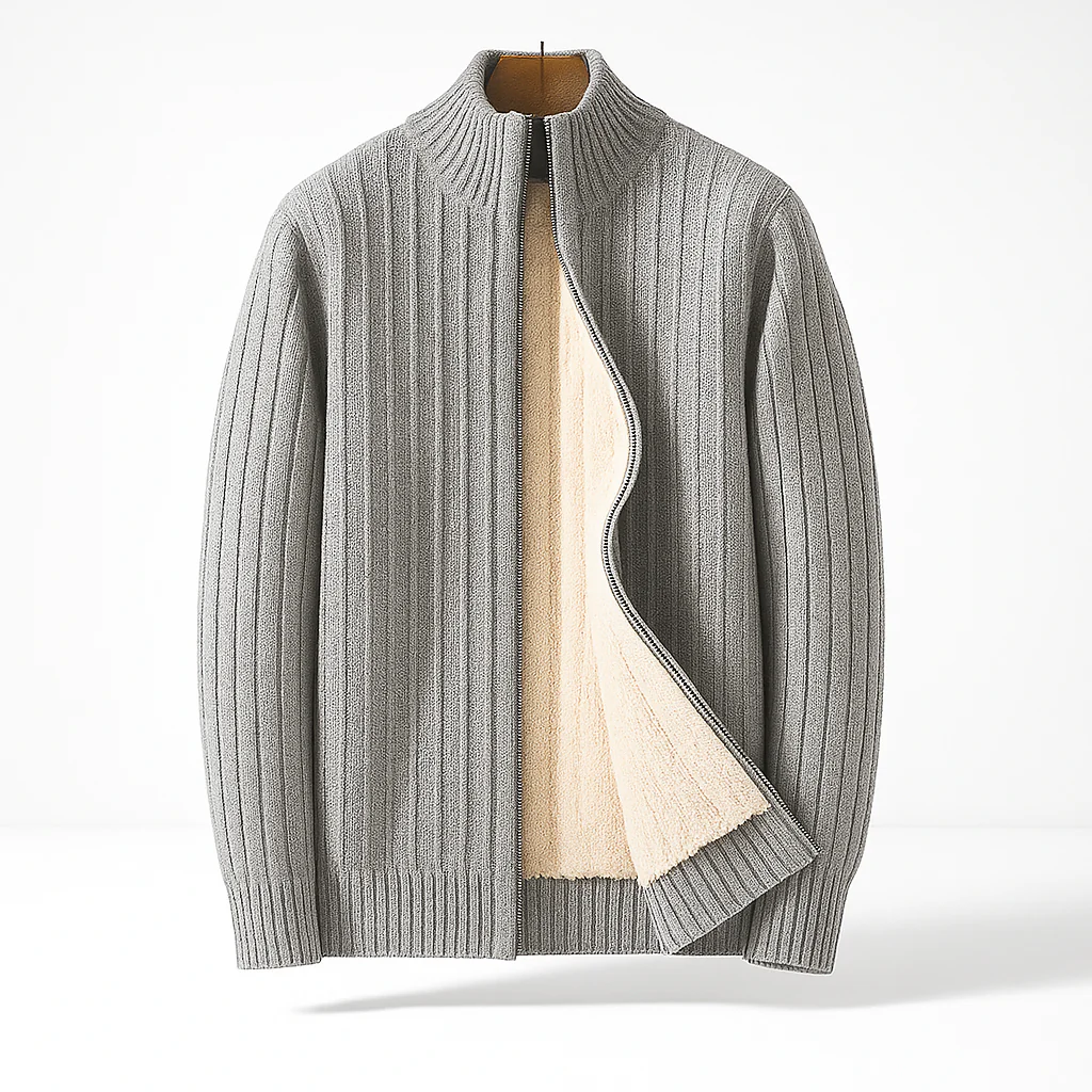Men's Fleece-Lined Zip-Up Knit Cardigan – product view | Hensley London