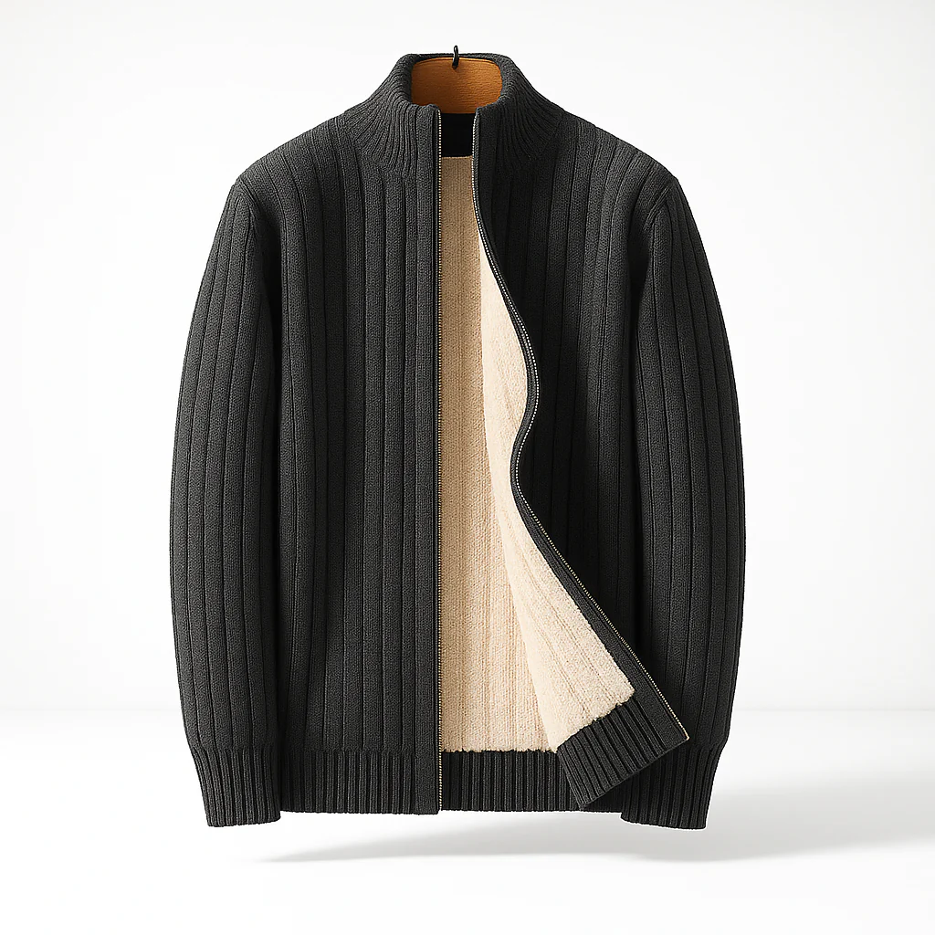 Men's Fleece-Lined Zip-Up Knit Cardigan – product view | Hensley London