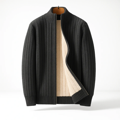 Men's Fleece-Lined Zip-Up Knit Cardigan – product view | Hensley London