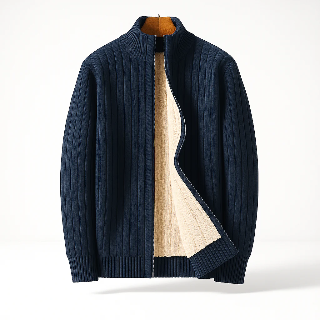Men's Fleece-Lined Zip-Up Knit Cardigan – product view | Hensley London