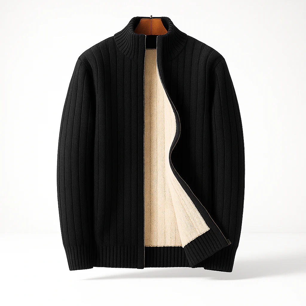 Men's Fleece-Lined Zip-Up Knit Cardigan – product view | Hensley London