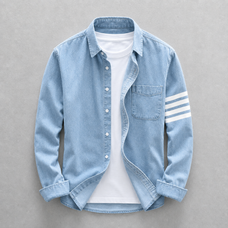 Men's Washed Denim Shirt in Light Blue – front view | Hensley London