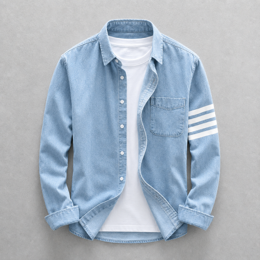 Men's Washed Denim Shirt in Light Blue – front view | Hensley London