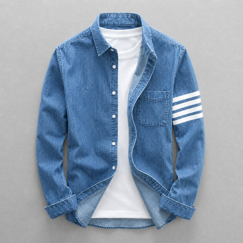 Men's Washed Denim Shirt in Blue – side profile | Hensley London