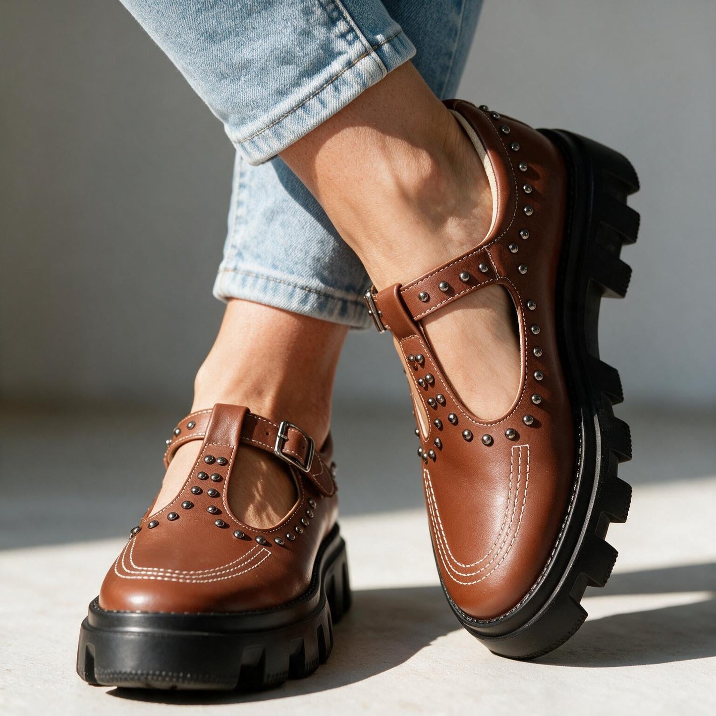 Women's Studded Leather Buckle Loafers – front view | Hensley London