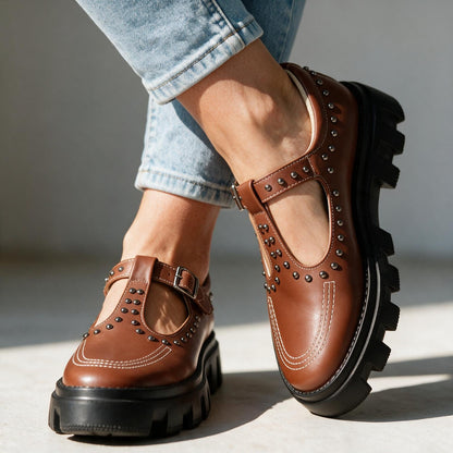 Women's Studded Leather Buckle Loafers – front view | Hensley London