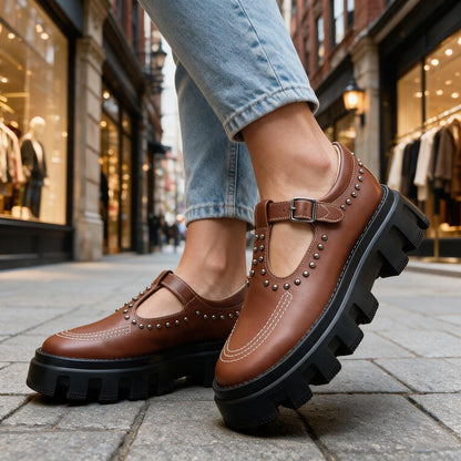 Women's Studded Leather Buckle Loafers – side view | Hensley London