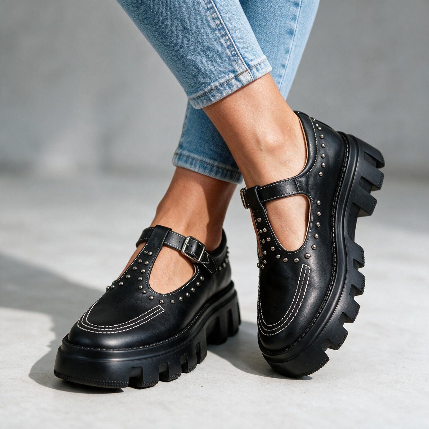Women's Studded Leather Buckle Loafers – styled view | Hensley London
