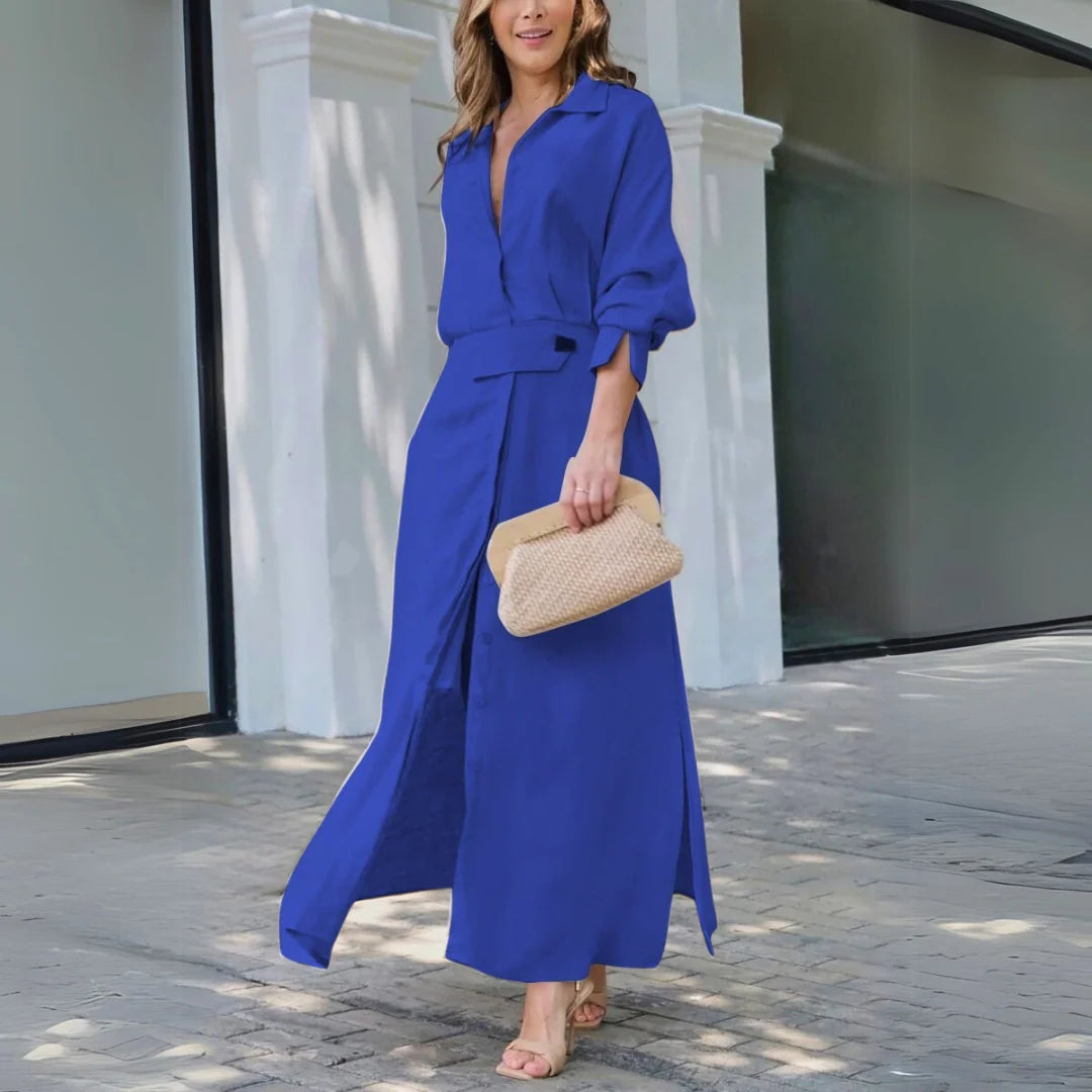 Women's Belted V-Neck Long-Sleeve Maxi Dress in Blue – Product view | Hensley London