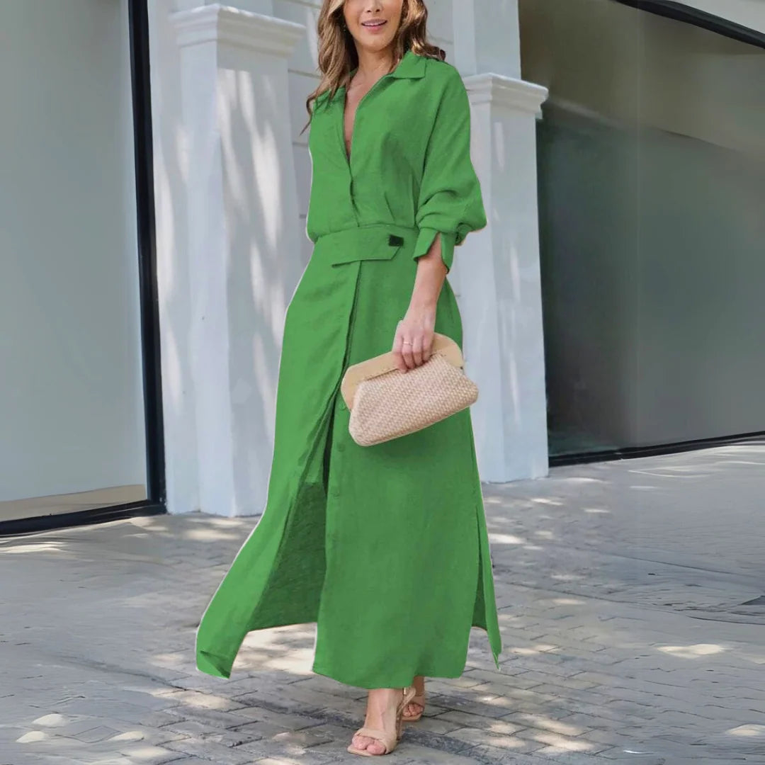 Women's Belted V-Neck Long-Sleeve Maxi Dress in Green – Product view | Hensley London