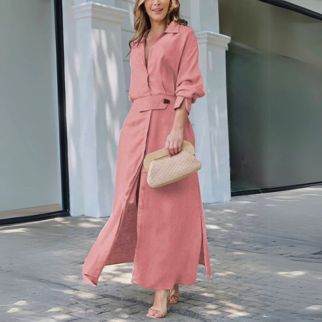 Women's Belted V-Neck Long-Sleeve Maxi Dress in Pink – Product view | Hensley London