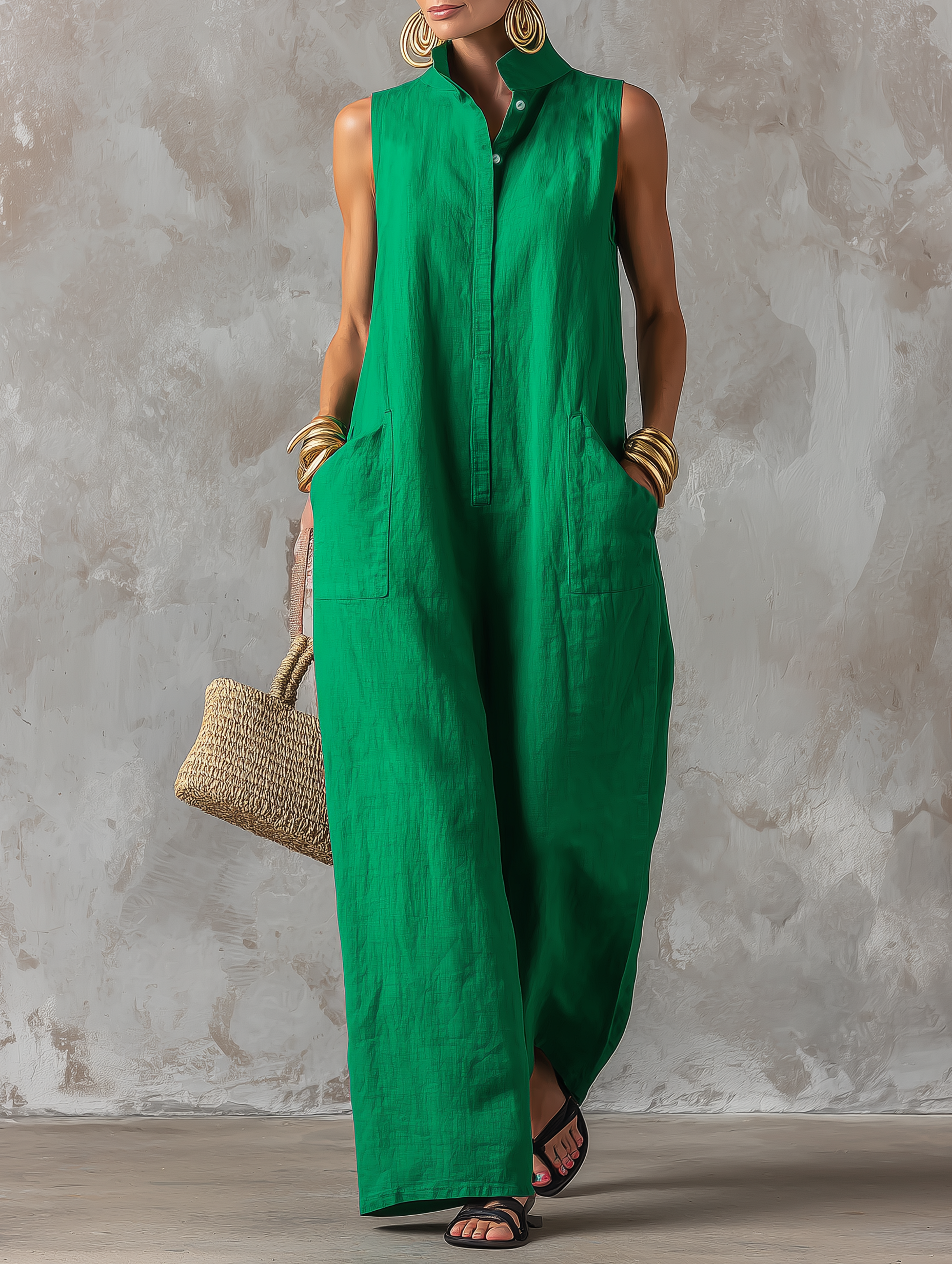 Women's Sleeveless Stand Collar Jumpsuit – detail view | Hensley London