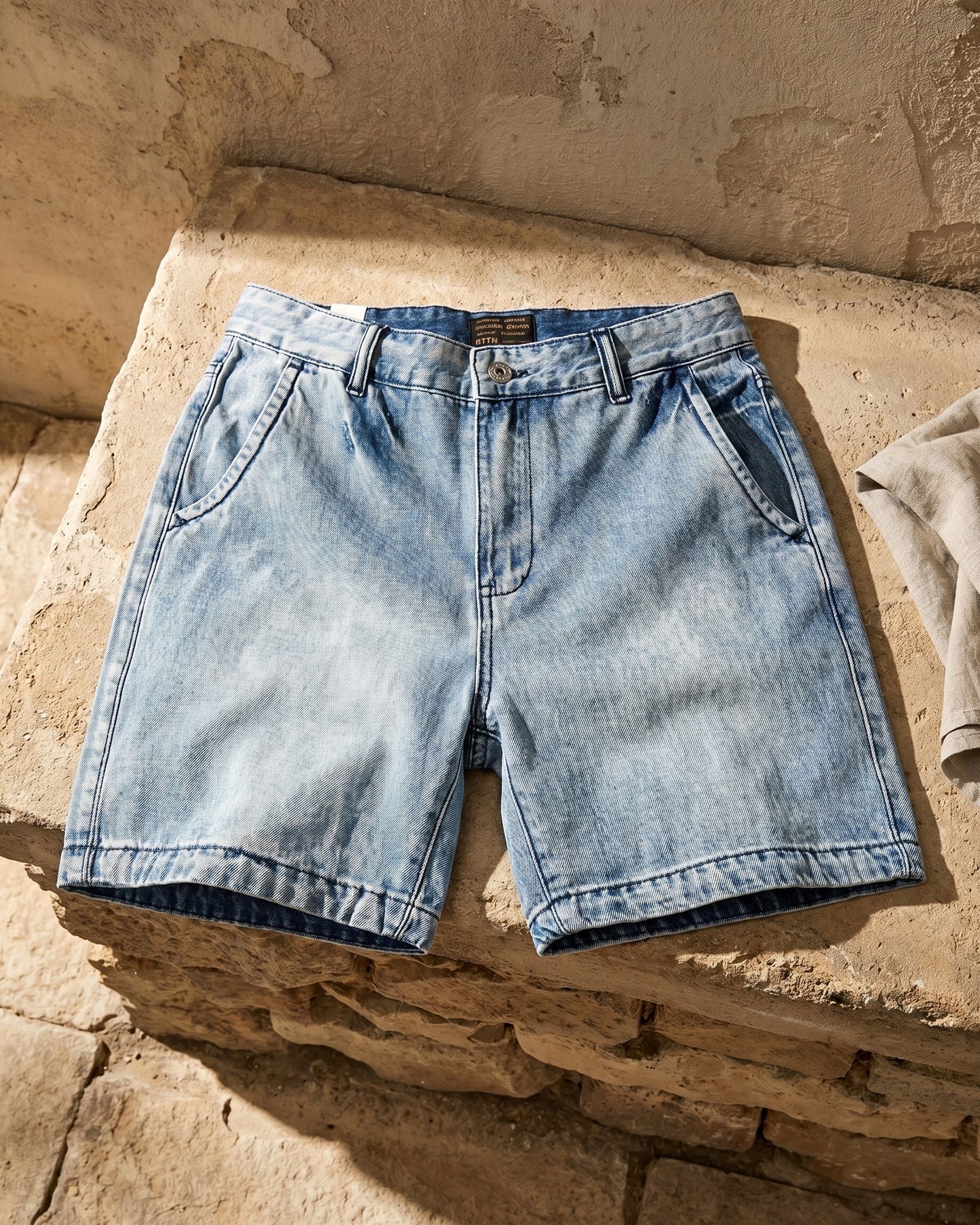 Men's Washed Cotton Denim Shorts in Light Blue – front view | Hensley London