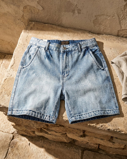 Men's Washed Cotton Denim Shorts in Light Blue – front view | Hensley London