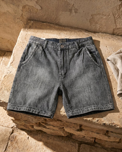Men's Washed Cotton Denim Shorts in Gray – front view | Hensley London