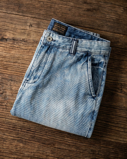 Men's Washed Cotton Denim Shorts in Light Blue – back view | Hensley London