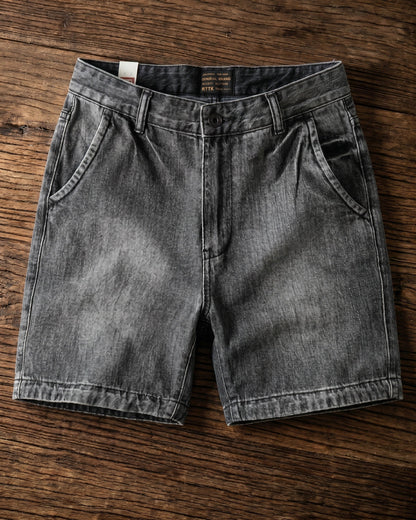 Men's Washed Cotton Denim Shorts in Gray – detail view | Hensley London