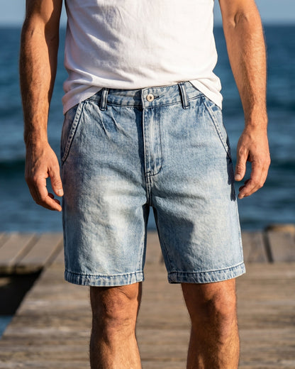 Men's Washed Cotton Denim Shorts in Light Blue – waistband detail | Hensley London