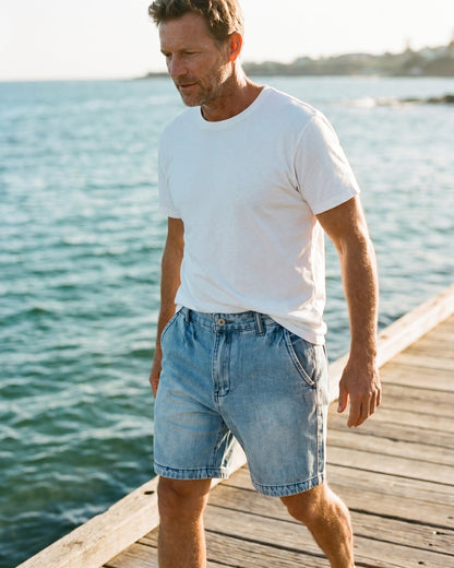 Men's Washed Cotton Denim Shorts in Light Blue – fabric close-up | Hensley London