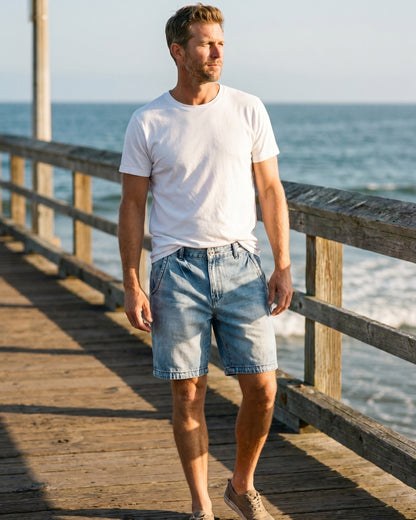 Men's Washed Cotton Denim Shorts in Light Blue – pocket detail | Hensley London
