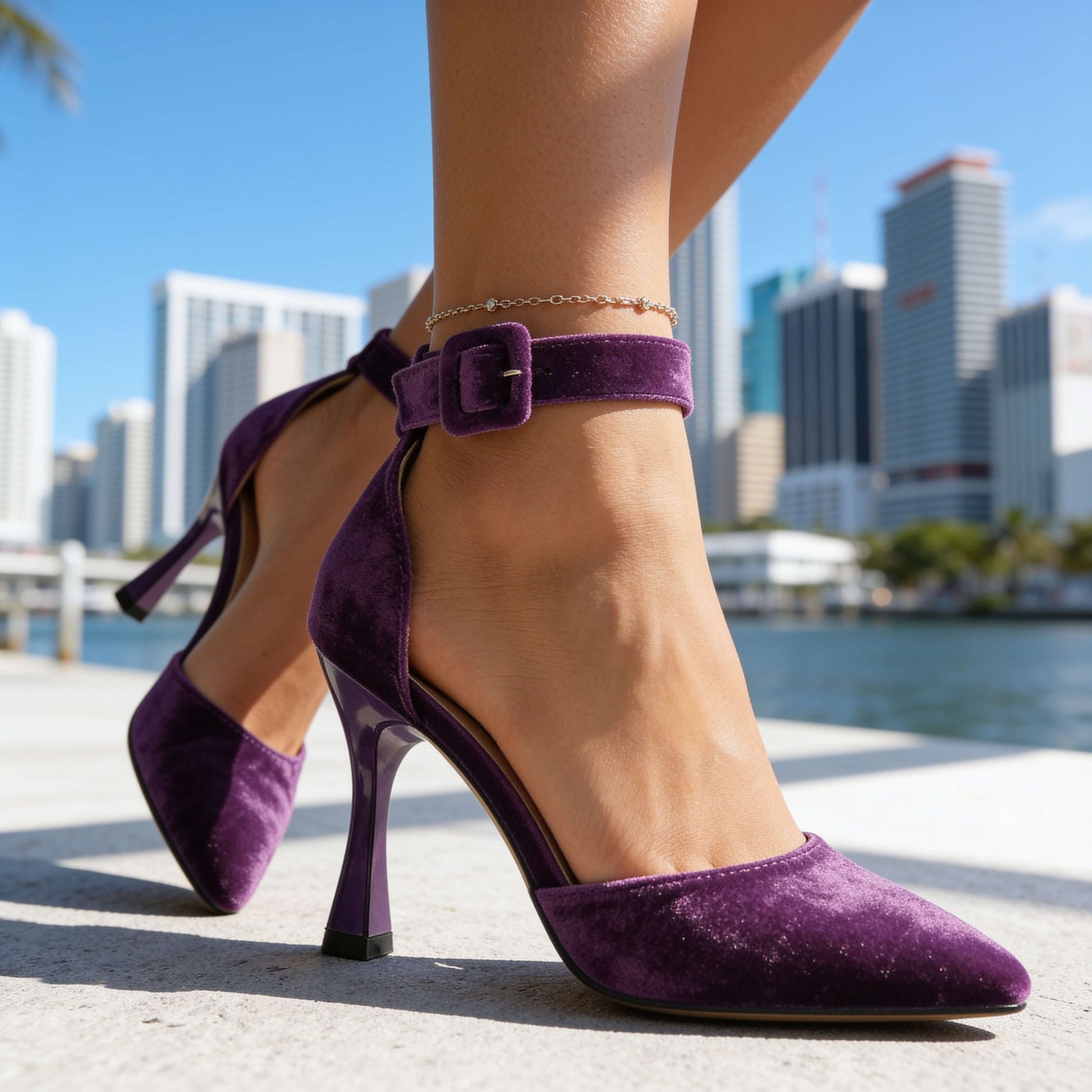 Women's Buckle-Strap Block Heels in Purple – front view | Hensley London