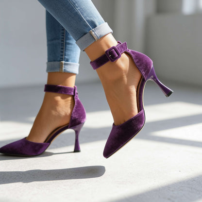 Women's Buckle-Strap Block Heels in Black – front view | Hensley London