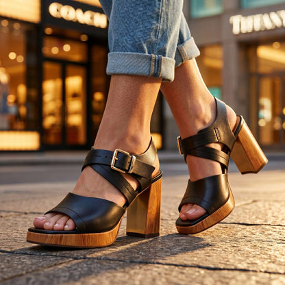 Women's Textured Platform Block Heels – buckle detail view | Hensley London